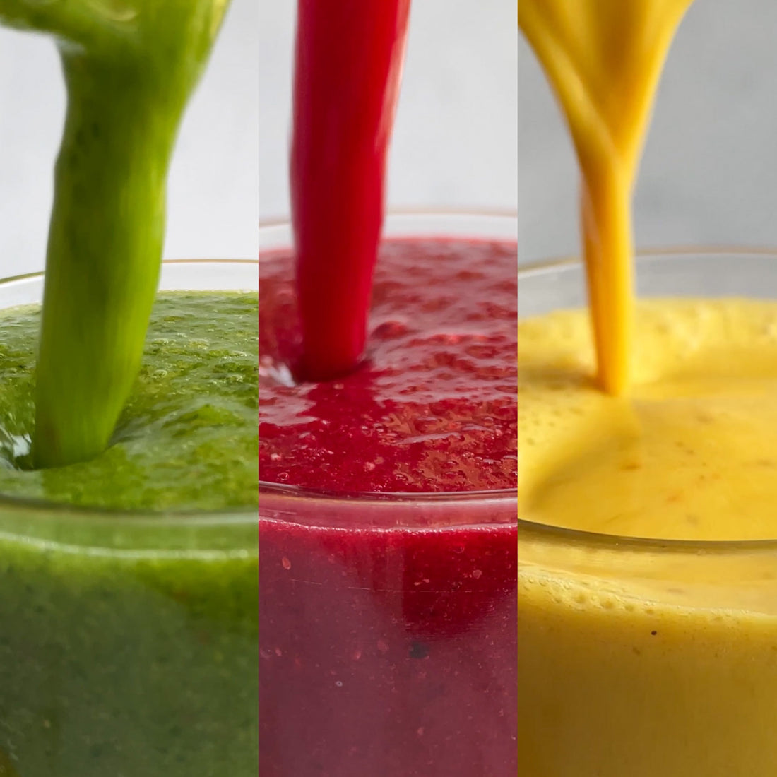 Three colorful summer smoothies: a green smoothie with spinach and cucumber, a pink smoothie with beets and bananas, and a peach smoothie with peaches and turmeric, all made with Medjool Dates.