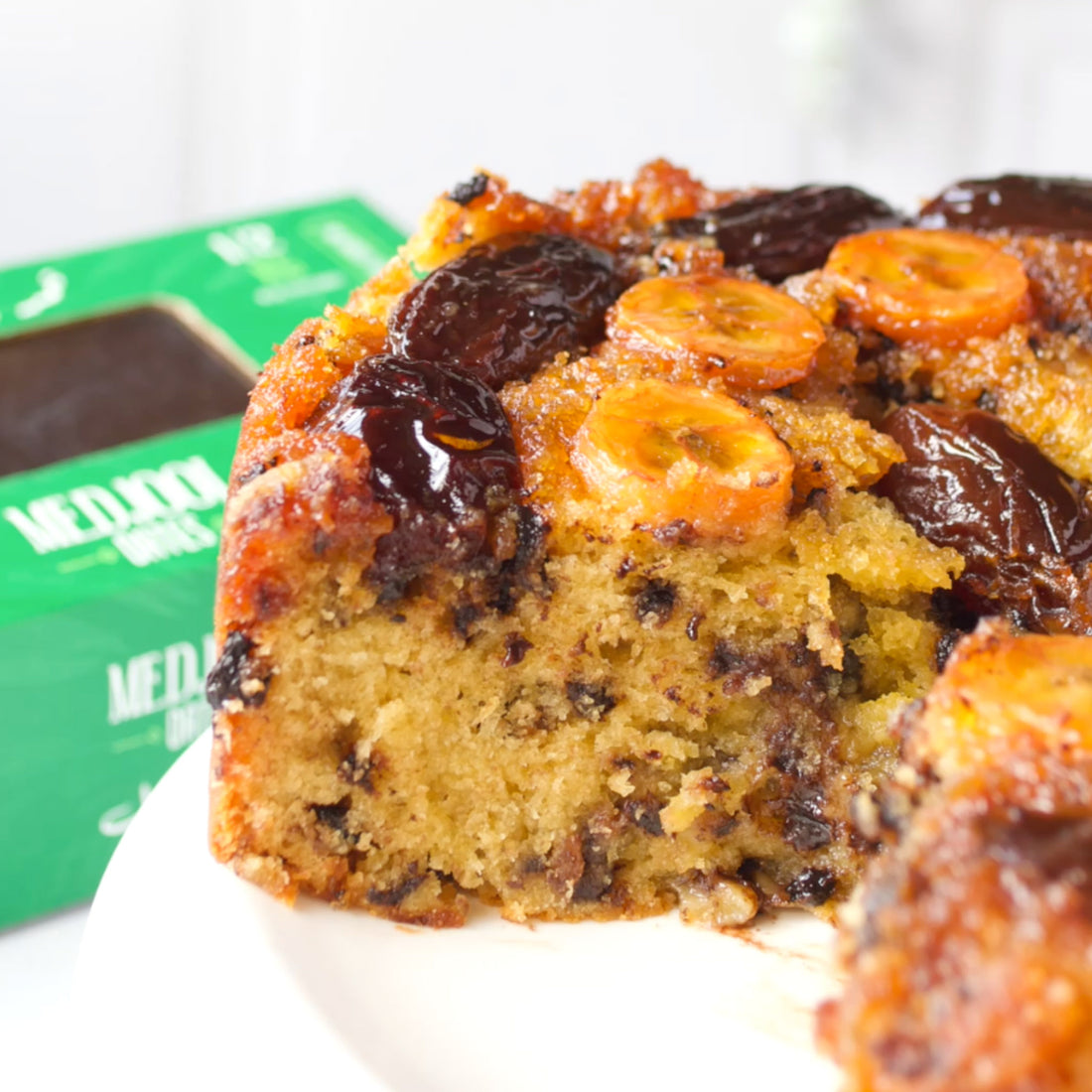 Upside down cake with Mini Medjool Dates, caramelized bananas, and a chocolate chip-studded cake batter.