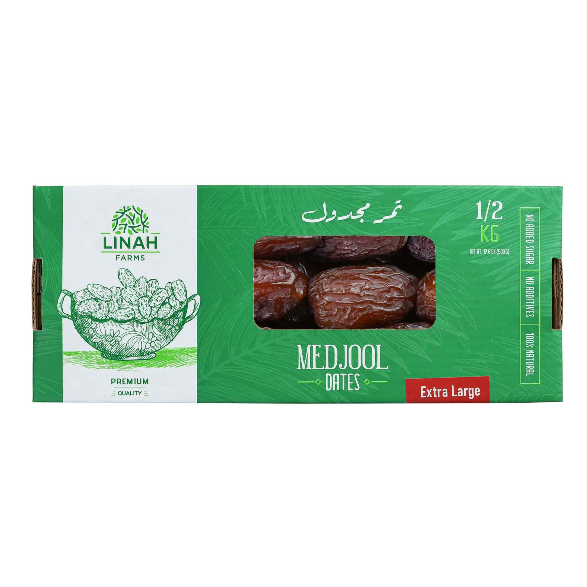 Extra Large Medjools Dates box 500g with white background 