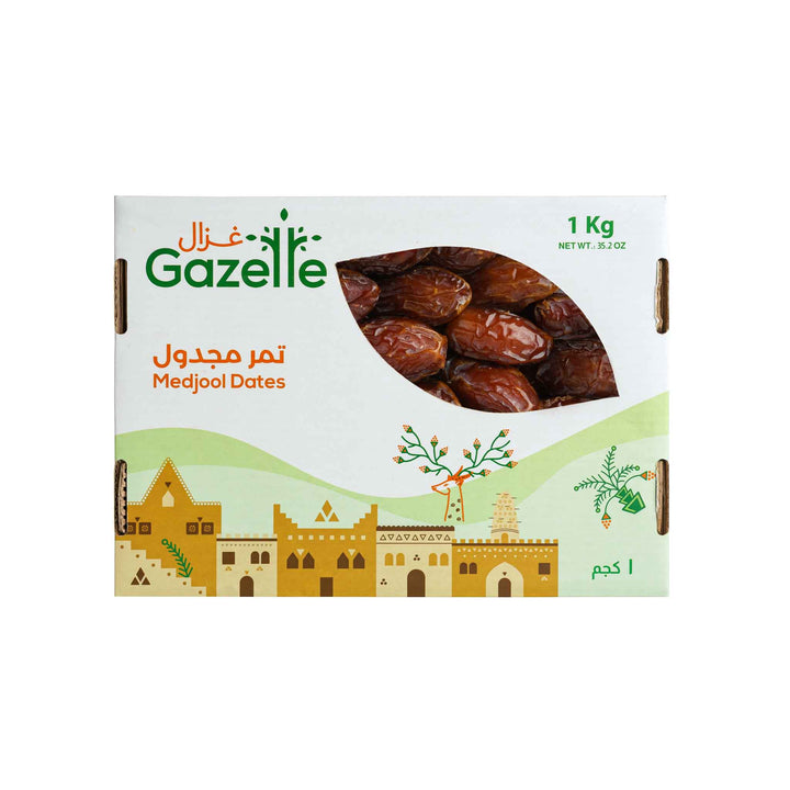 1 kg box of Perfectly imperfect Gazelle Medjools with white background 