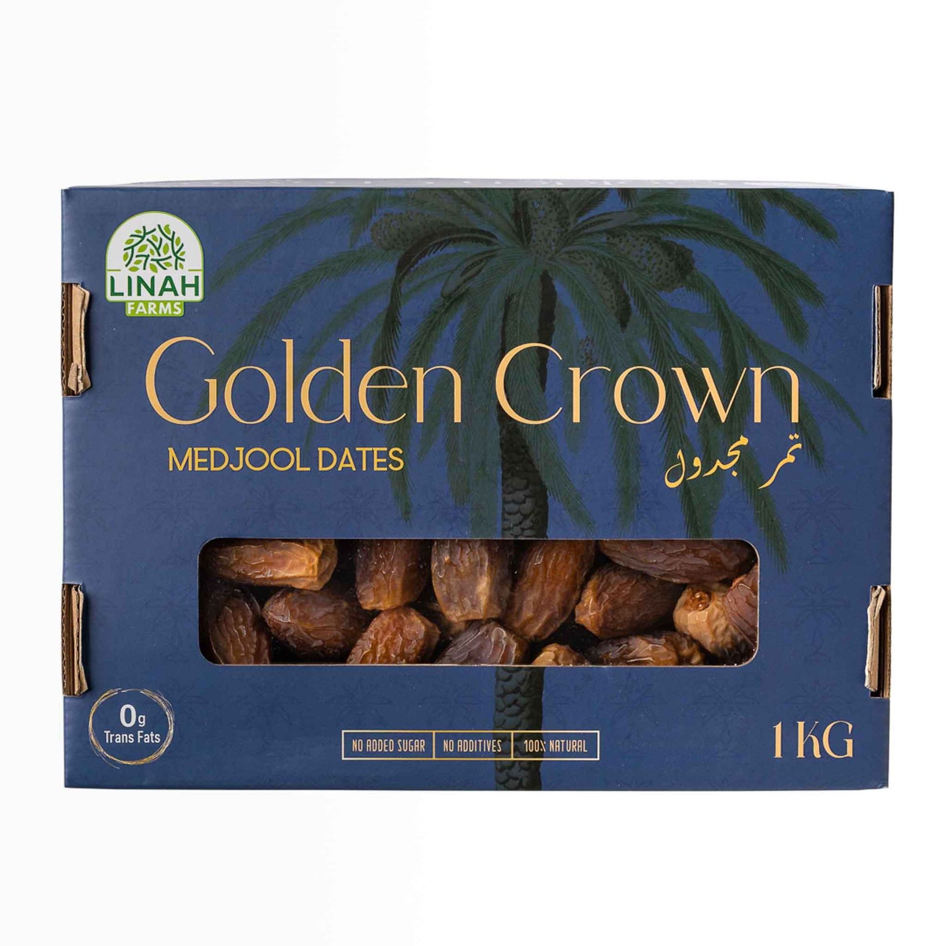 Linah Farms' Golden Crown Medjools 1 kg box with white background 