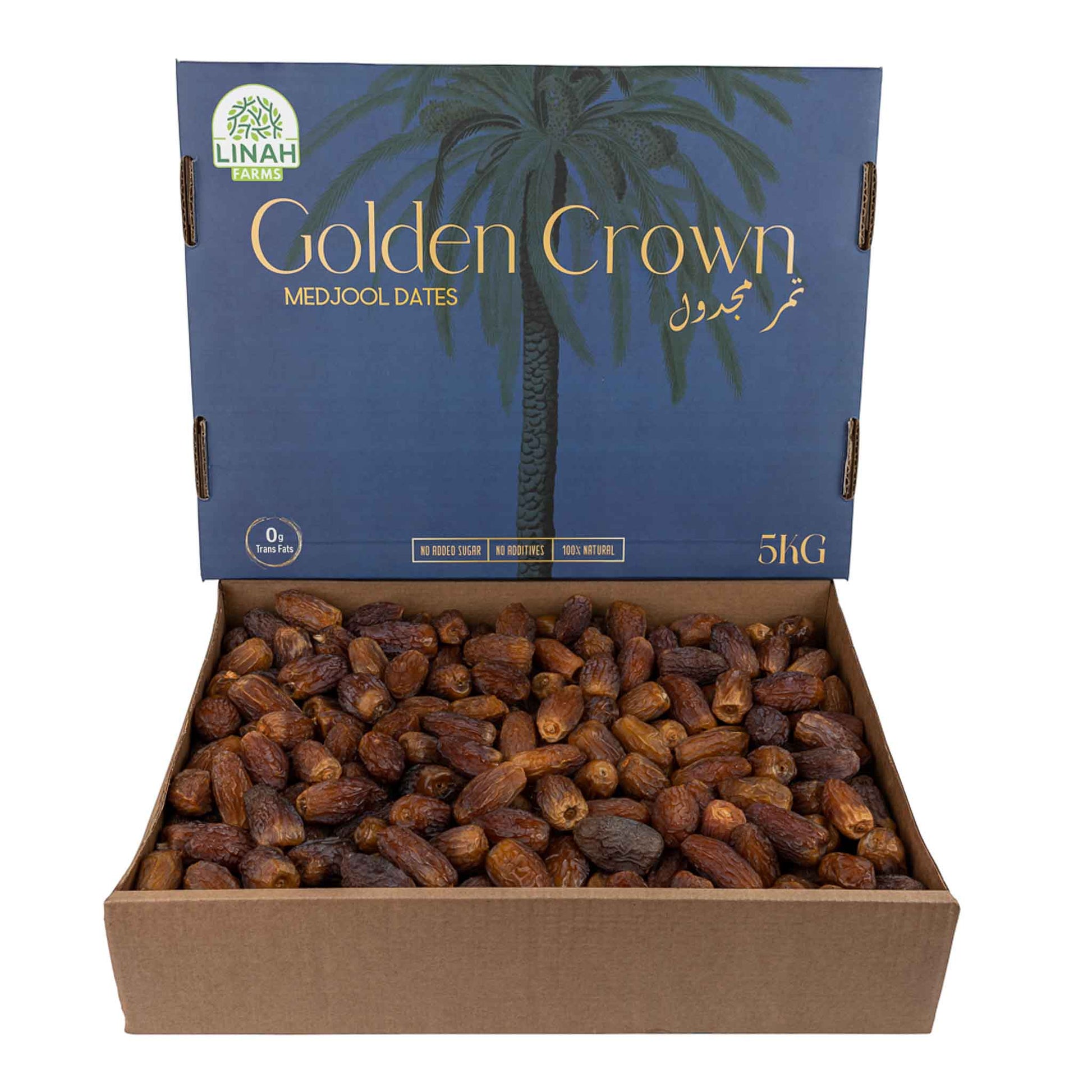 Linah Farms' Golden Crown Medjools 5 kg box with white background 