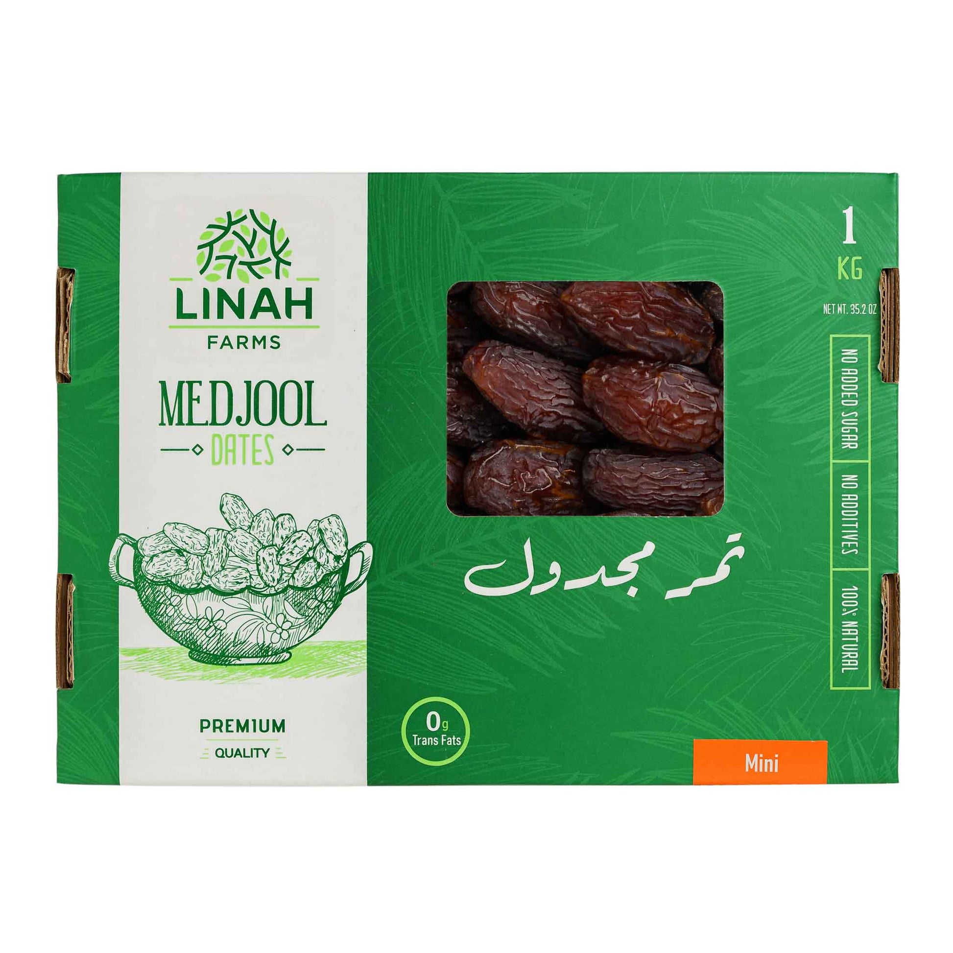 Linah Farms' Mini Medjool Dates 1 kg box with white background 