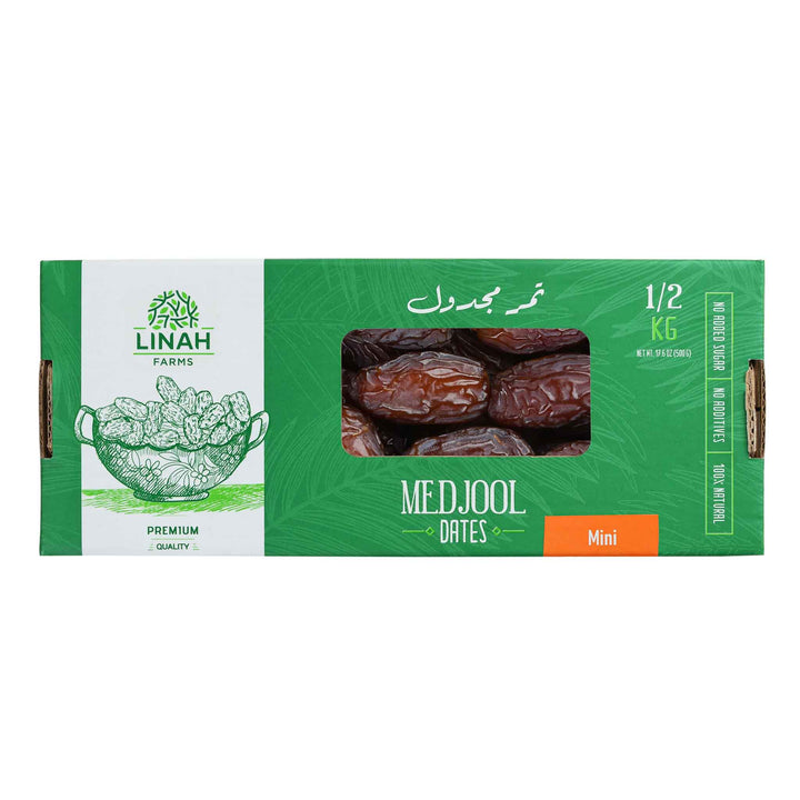 Linah Farms' Mini Medjool Dates 500 g box with white background 