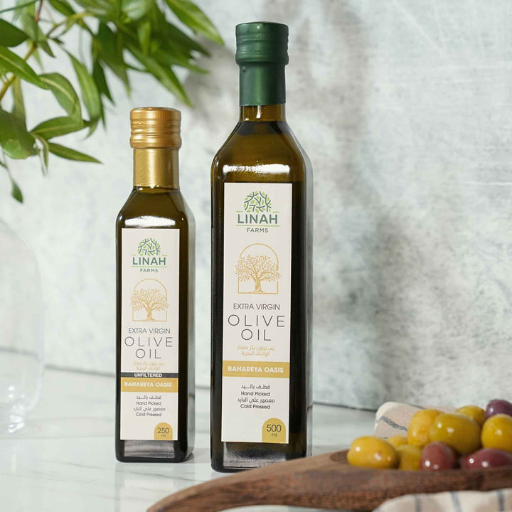 Linah Farms' extra-virgin olive oil in 250mL and 500mL bottles, available in unfiltered and filtered options