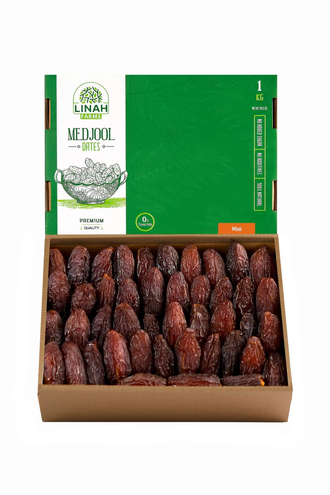 1.0kg box of Linah Farms mini Medjools with open box displaying the dates.