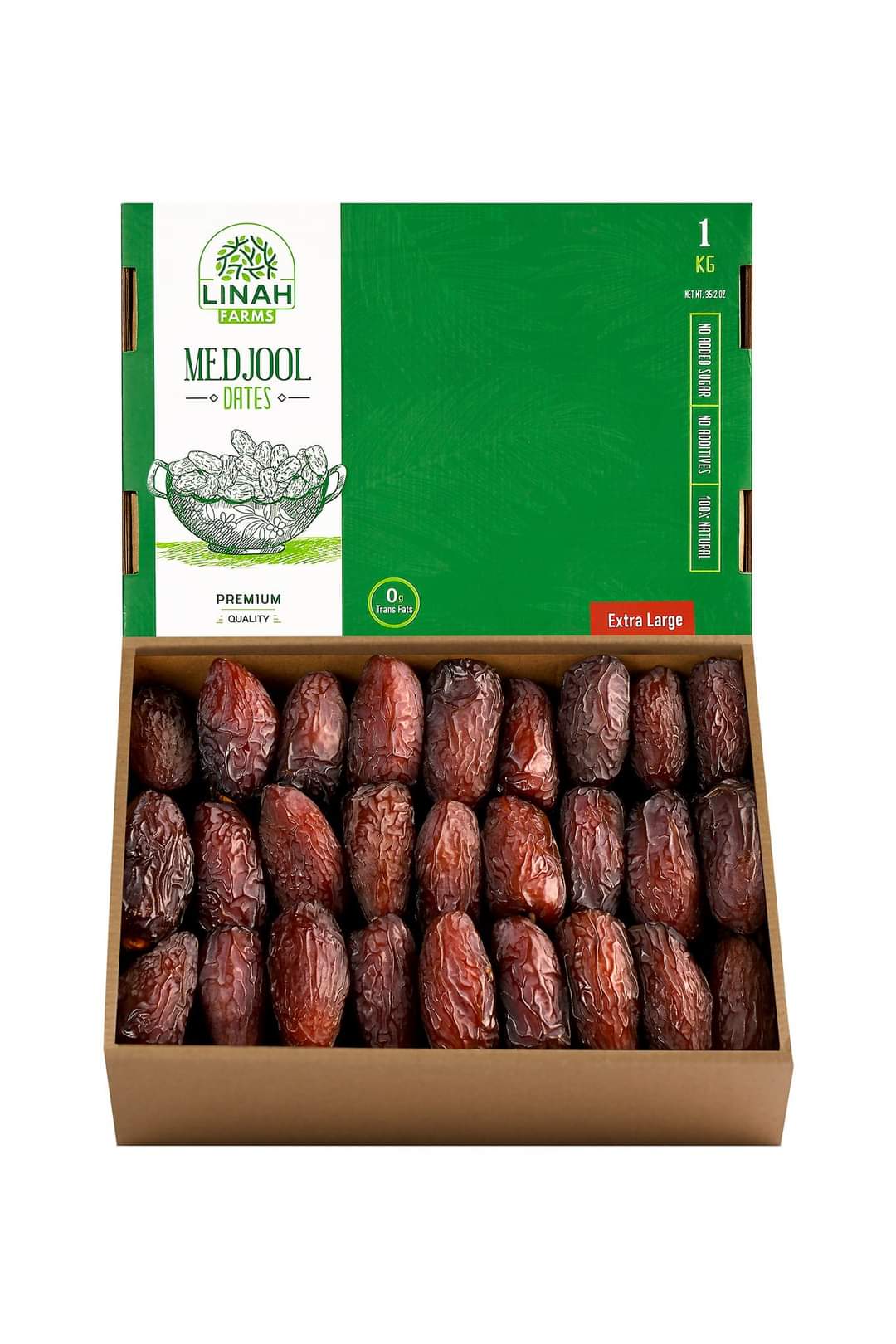1kg box of Linah Farms Extra large Medjools with open box displaying the dates.