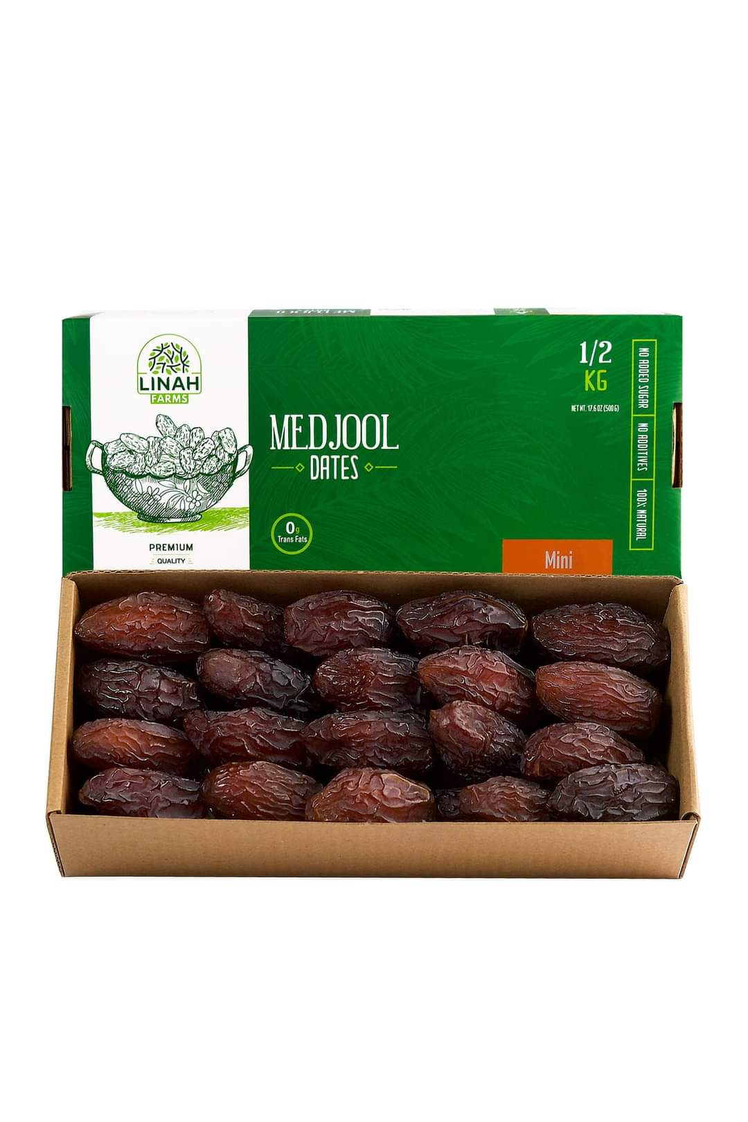 0.5kg box of Linah Farms mini Medjools with open box displaying the dates.