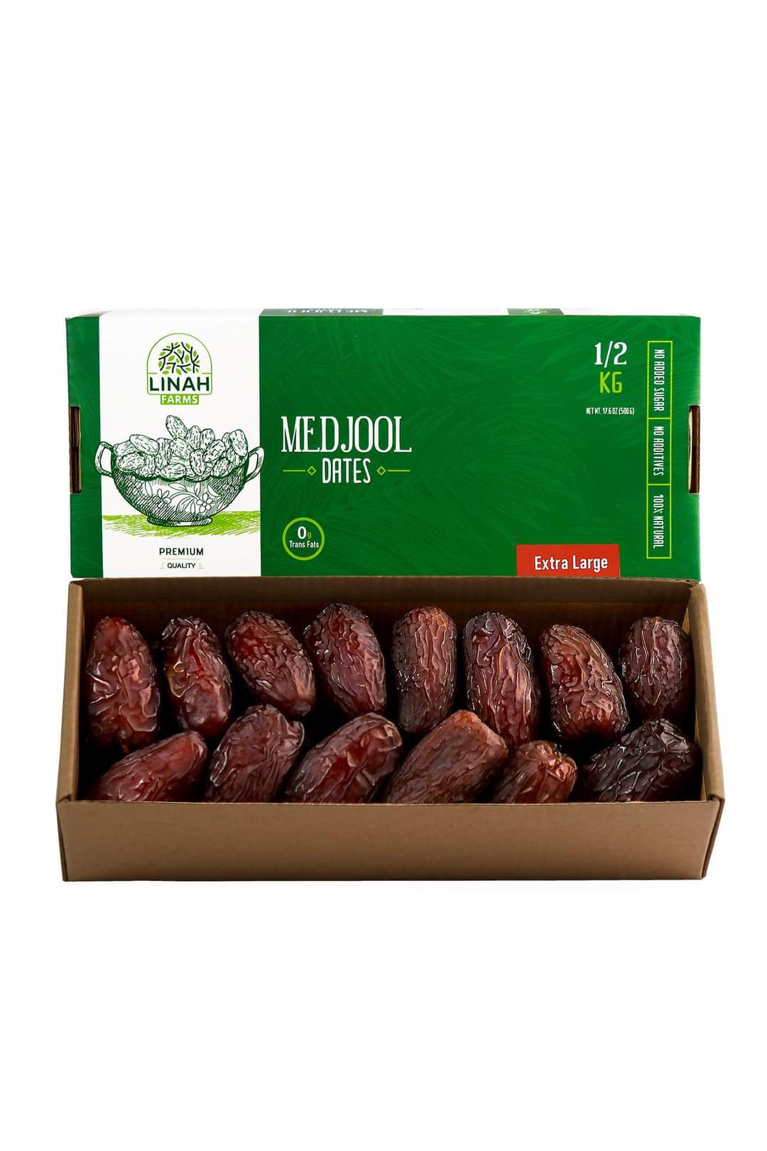 0.5kg box of Linah Farms Extra large Medjools with open box displaying the dates.