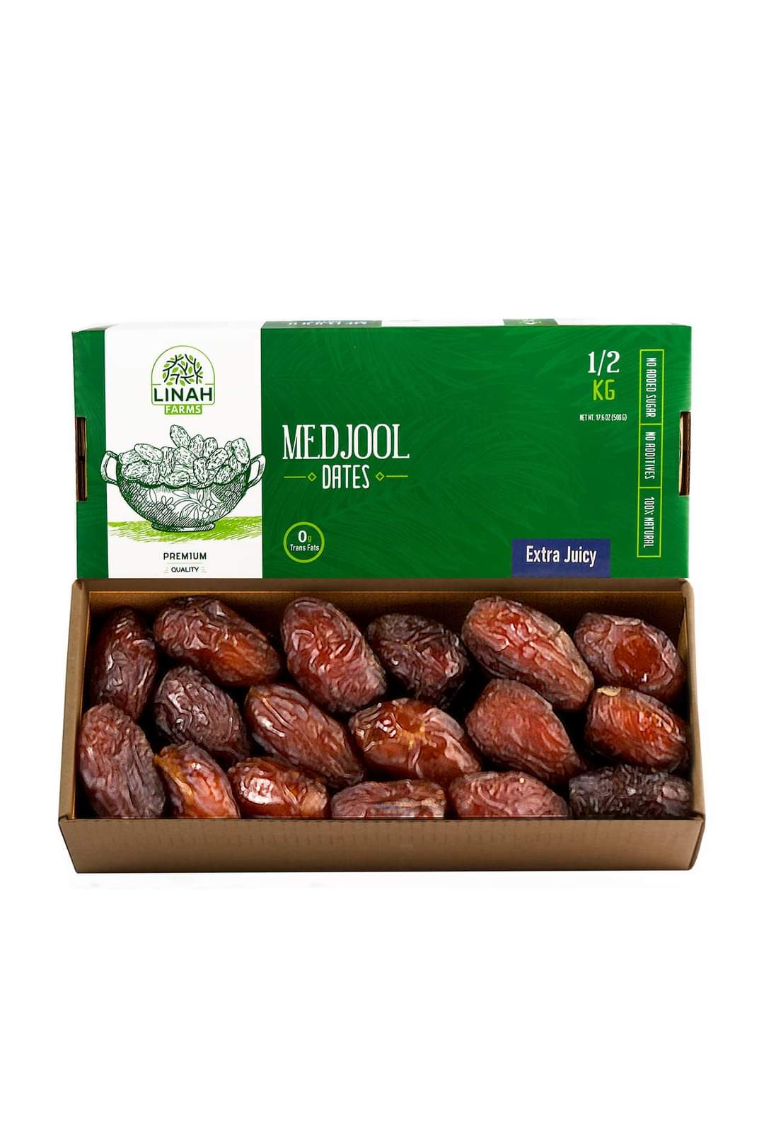 0.5kg box of Linah Farms Extra Juicy Medjools with open box displaying the dates.